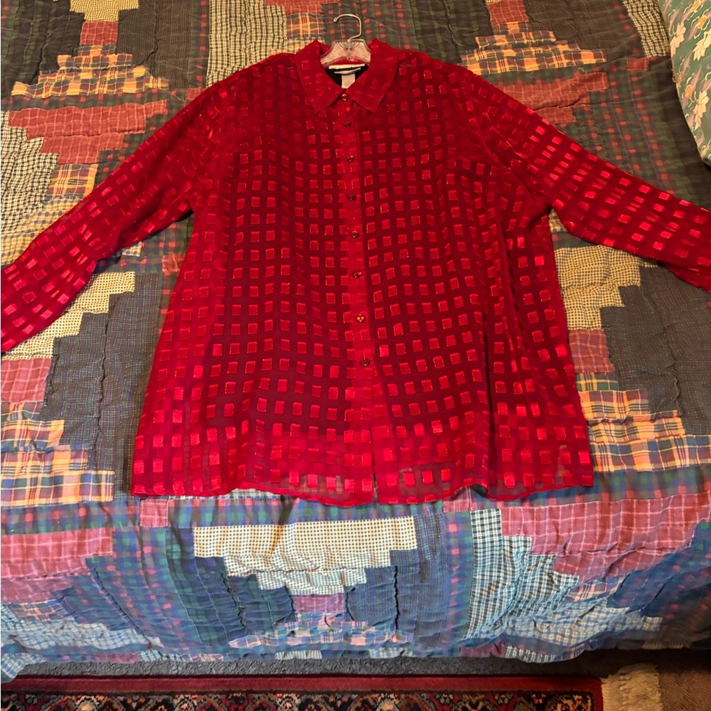 Dressbarn Red sheer Plaid Long Sleeve Shirt